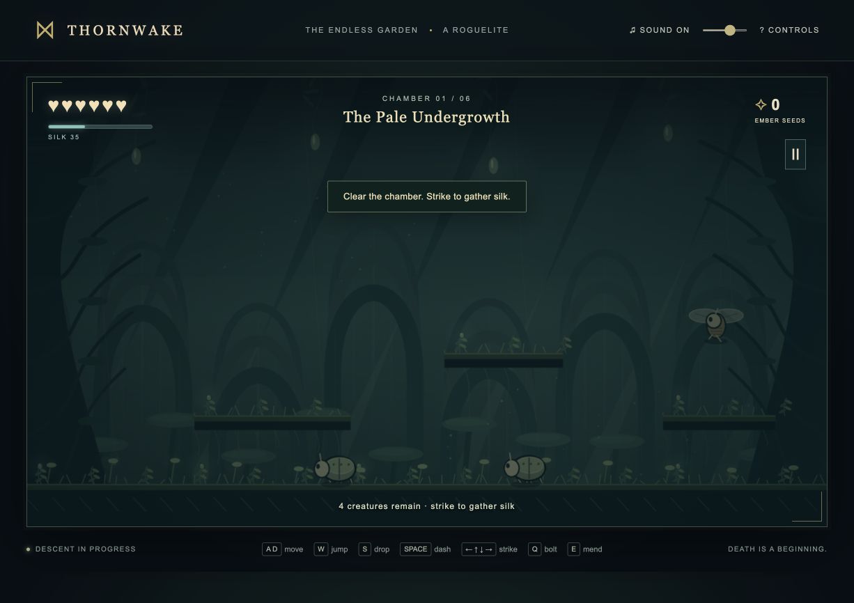 Thornwake — an insect action roguelite, the player character in a root-filled underground chamber.