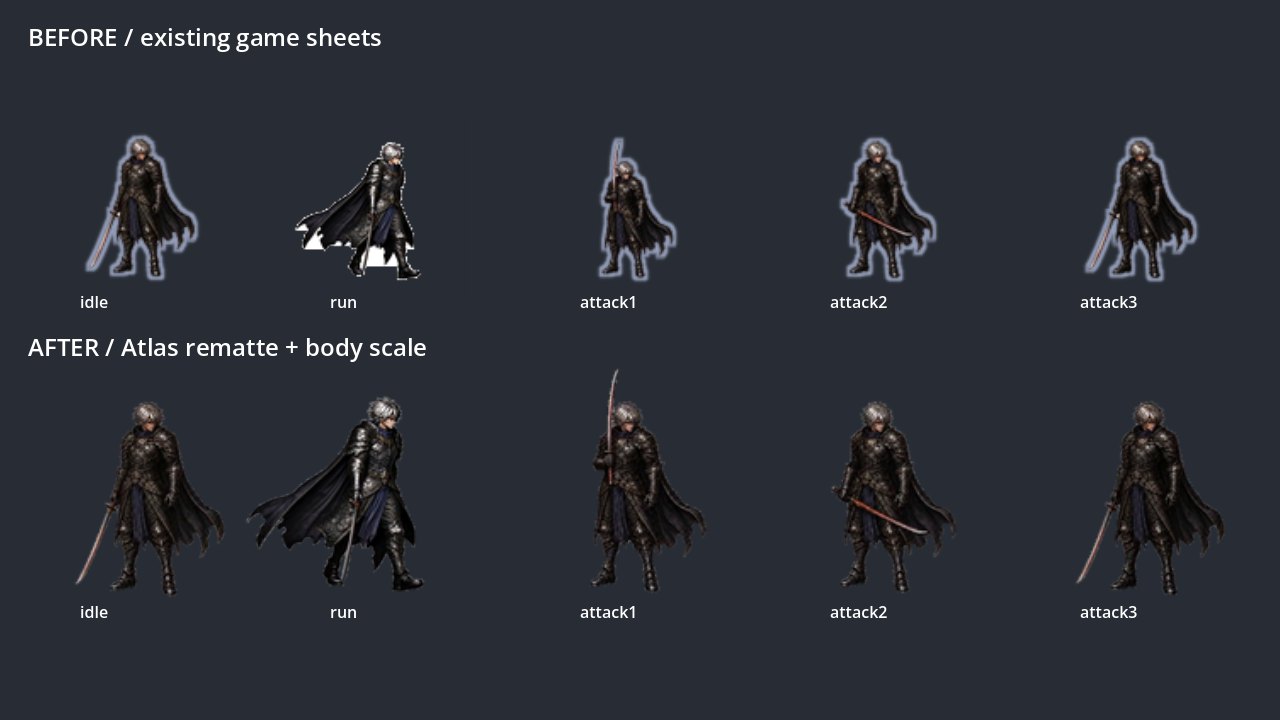 Hero sheets before and after the re-cut and body-based scaling