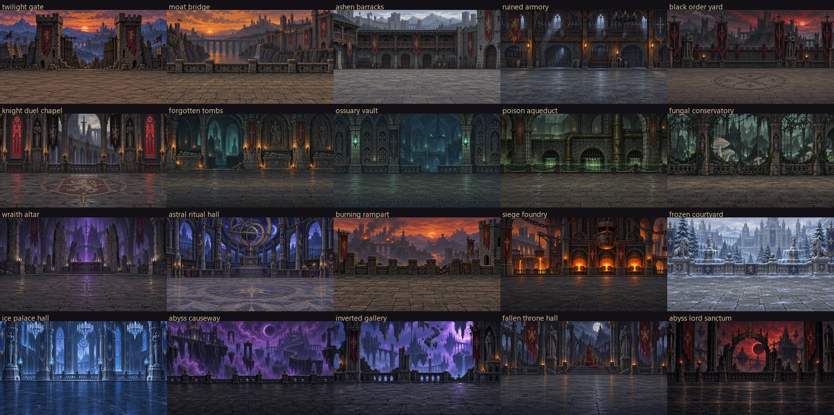 Twenty generated stage backgrounds, two per campaign location, from the twilight gate to the abyss lord’s sanctum