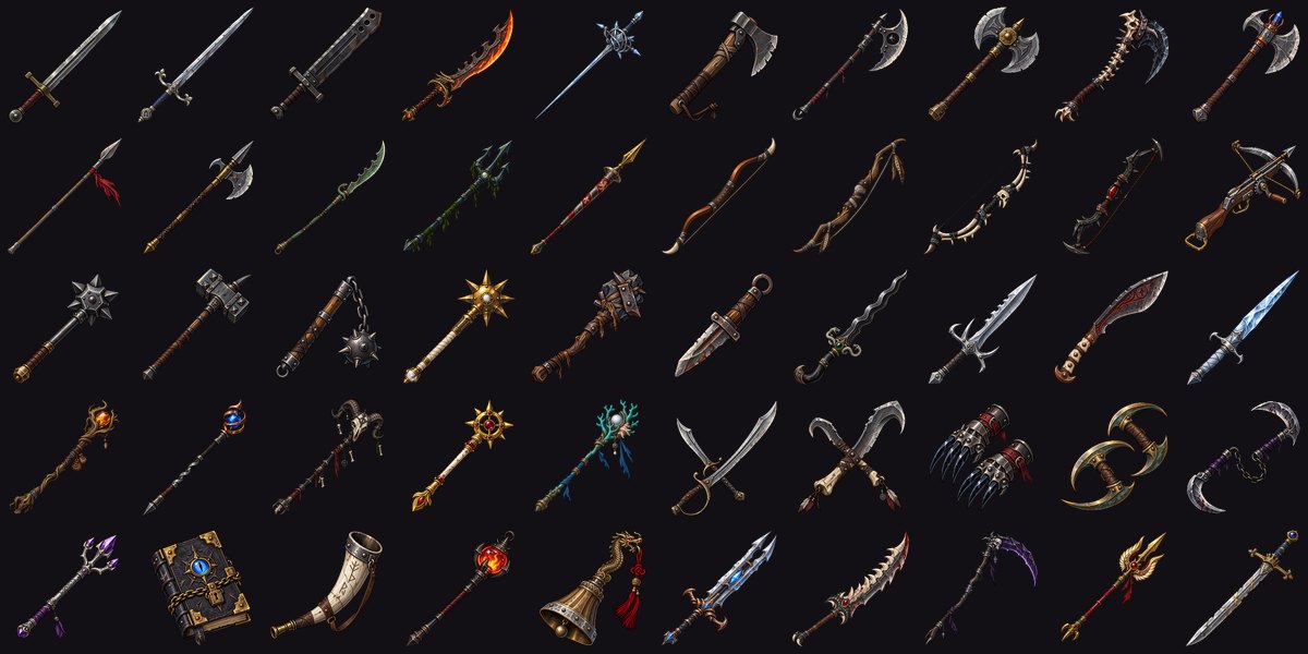 Fifty generated weapon icons from the asset library