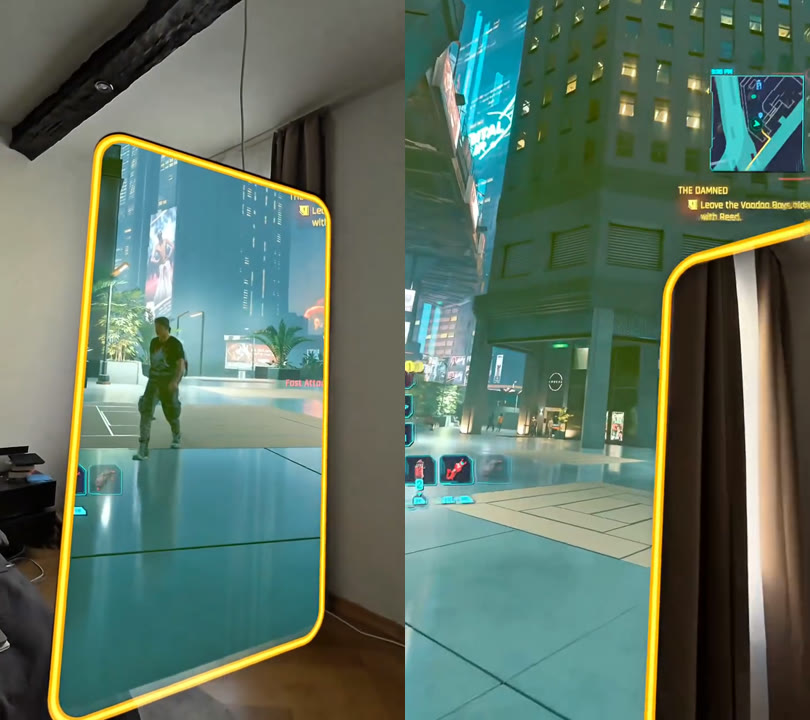 A door-shaped portal into a neon city; inside it, a quest tracker naming the Voodoo Boys and Reed