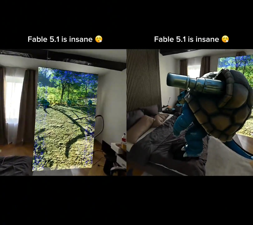 A forest portal opening in a bedroom, then a Blastoise standing on the bed