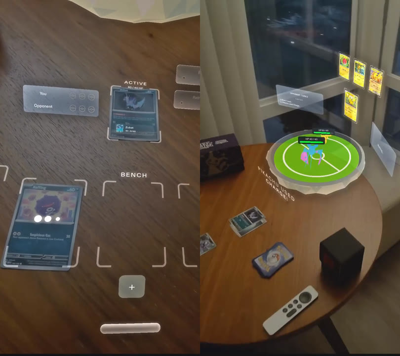 Pokémon TCG in AR: Active and Bench zones on a table, then a battle arena reading “PIKACHU USED CHARGE!”