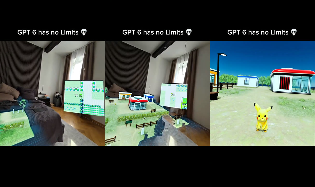 Pokémon: a Game Boy-style map floating in a bedroom, the same town rebuilt in 3D, and a Pikachu to walk with