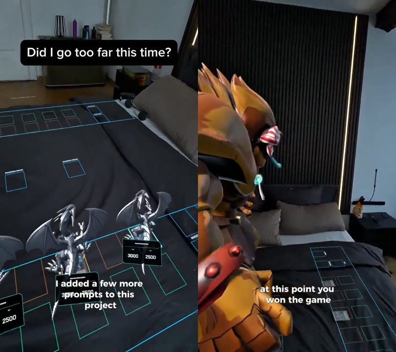 Yu-Gi-Oh on a bed: “Did I go too far this time?” and, later, Exodia — “at this point you won the game”
