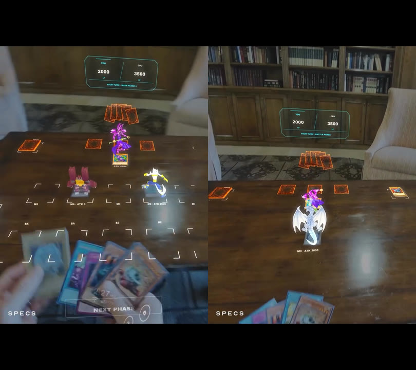 Two frames from the Specs clip: life points YOU 2000 / CPU 3500, monsters on the table, physical cards in hand, a NEXT PHASE button