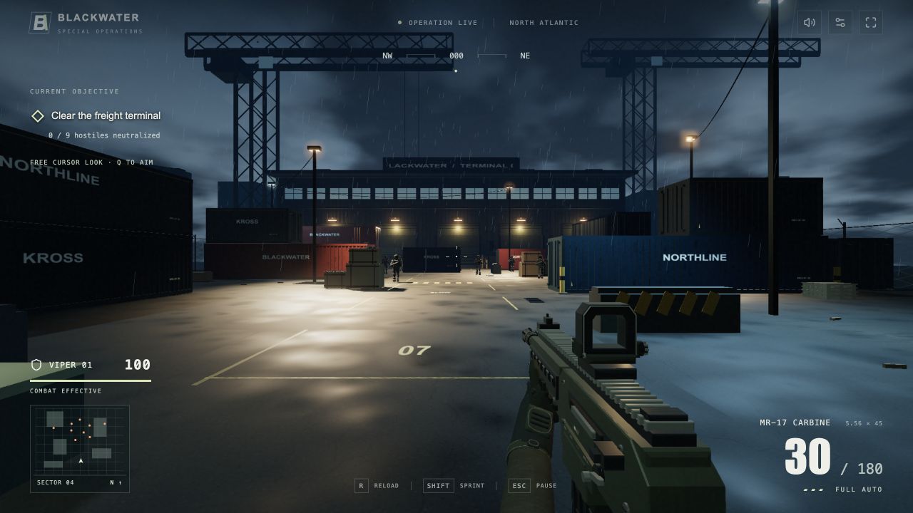 BLACKWATER — a tactical FPS briefing screen for Operation 01, a rainy North Atlantic freight terminal.