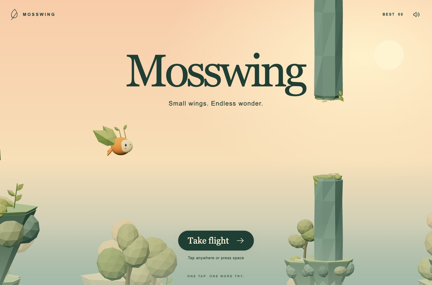 Mosswing — a 3D tap-to-flap game, the creature flying between stone pillars.
