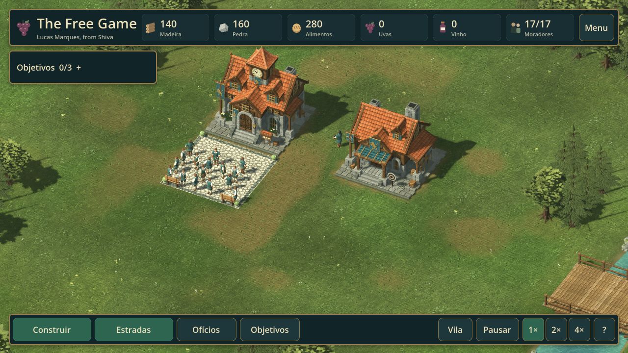 The Free Game — a 3D medieval village with roads, workers and production chains on a tabletop.