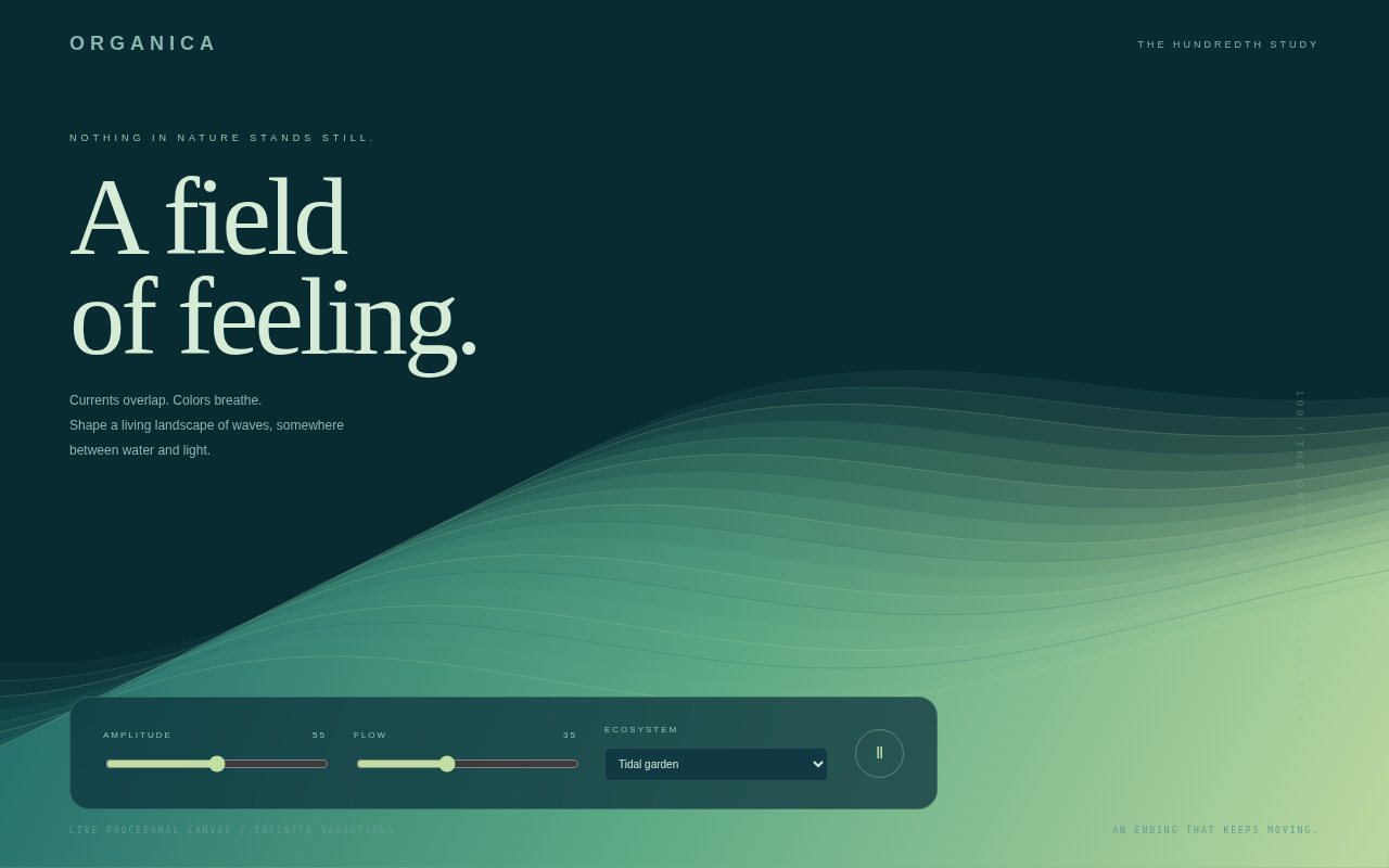 Organica — eighteen translucent wave layers in tidal green.