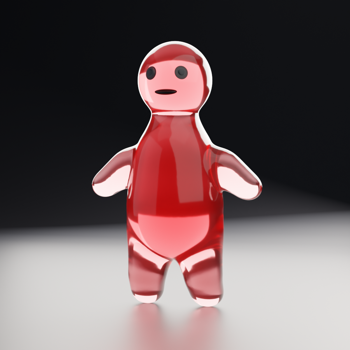 The reproduced jelly, rendered in Cycles — a translucent green soft body on a warm tabletop, lit mostly from behind.