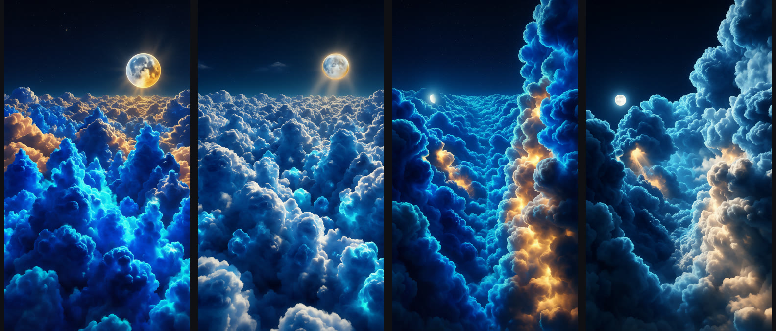 Two scenes, each generated twice: with colour words in the negative prompt and with defects only
