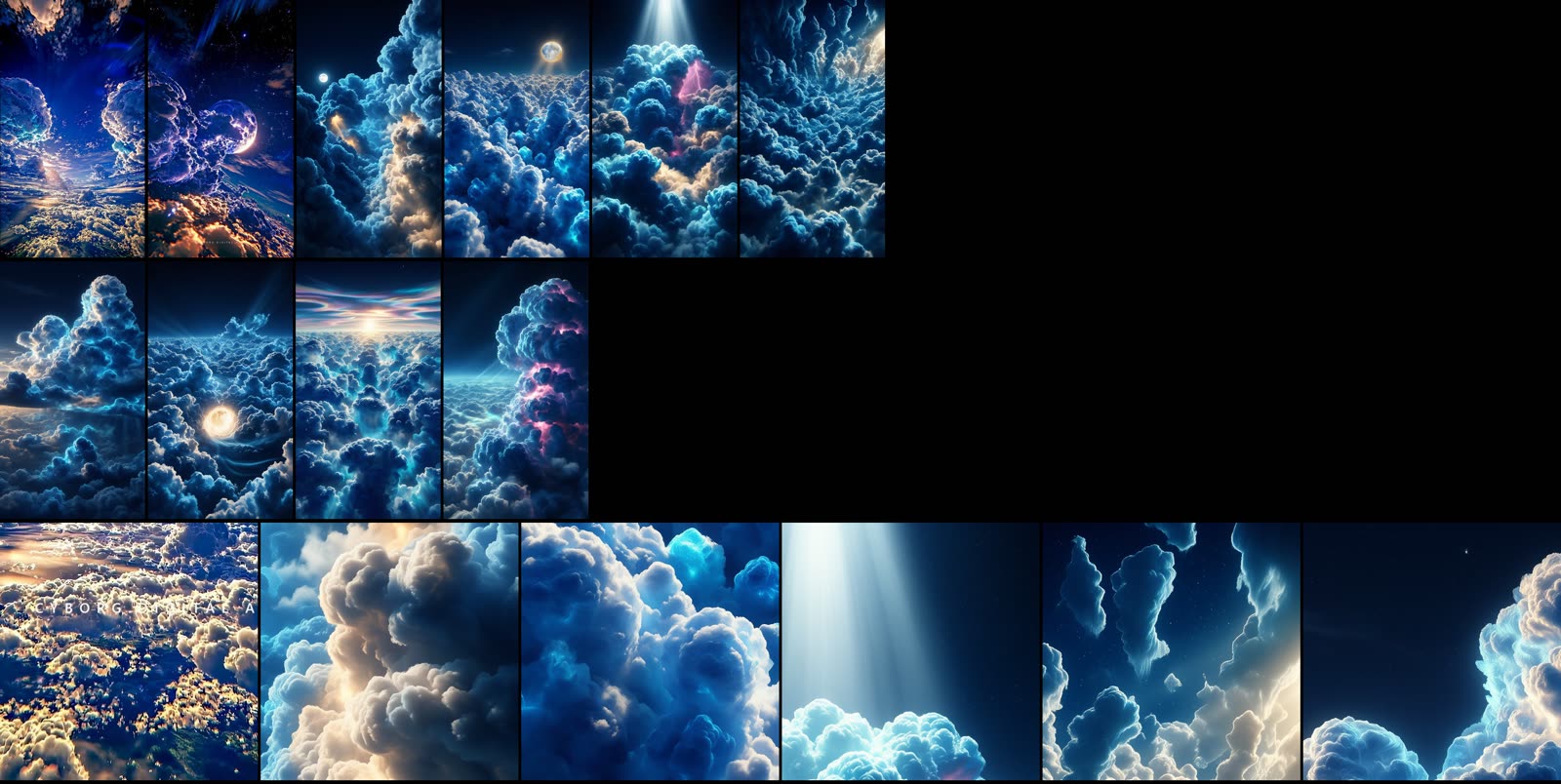 Eight cloud scenes generated with the final recipe