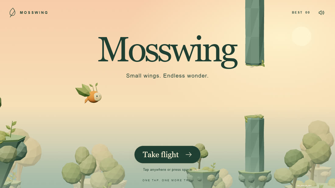 Mosswing title screen: a small winged creature gliding past stone pillars in a pastel low-poly world