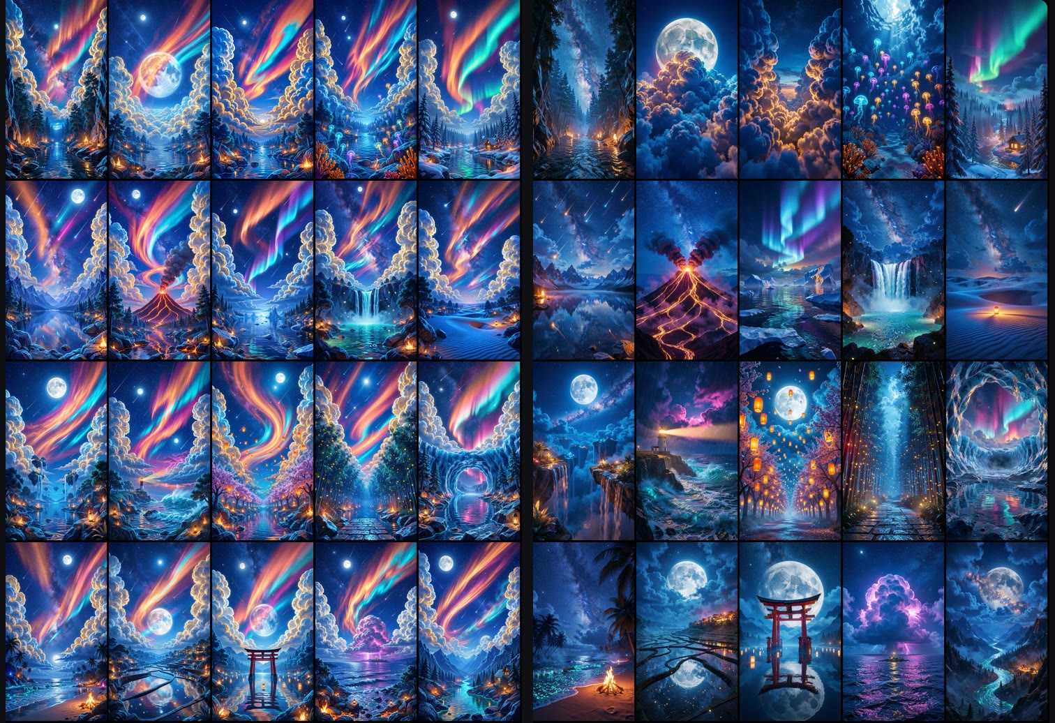 Two contact sheets of twenty images each: the left all share one composition, the right are all different